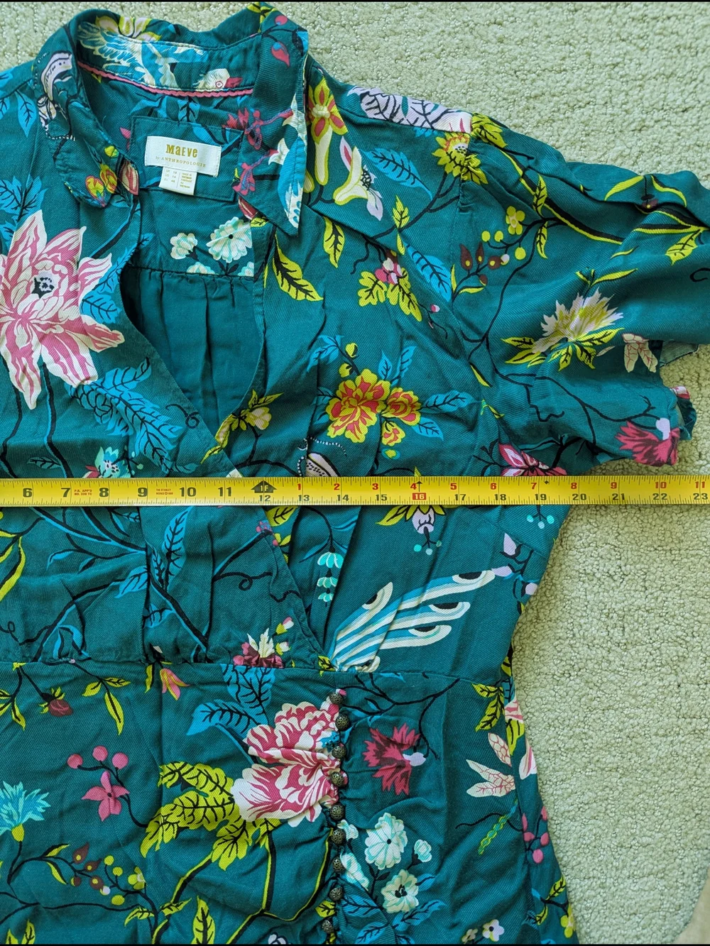 Maeve Anthropologie Button Front Shirt Dress 14 Green Floral Bird V-neck Slit - Picture 12 of 15